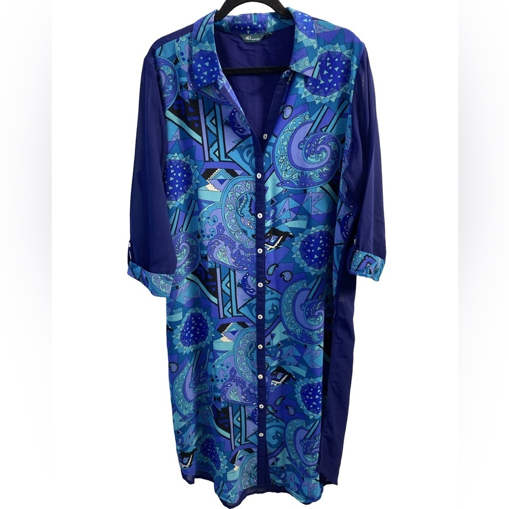 All. Beach Cover Up Tunic Size XL Blue & Purple Design Mother Pearl Button Look
